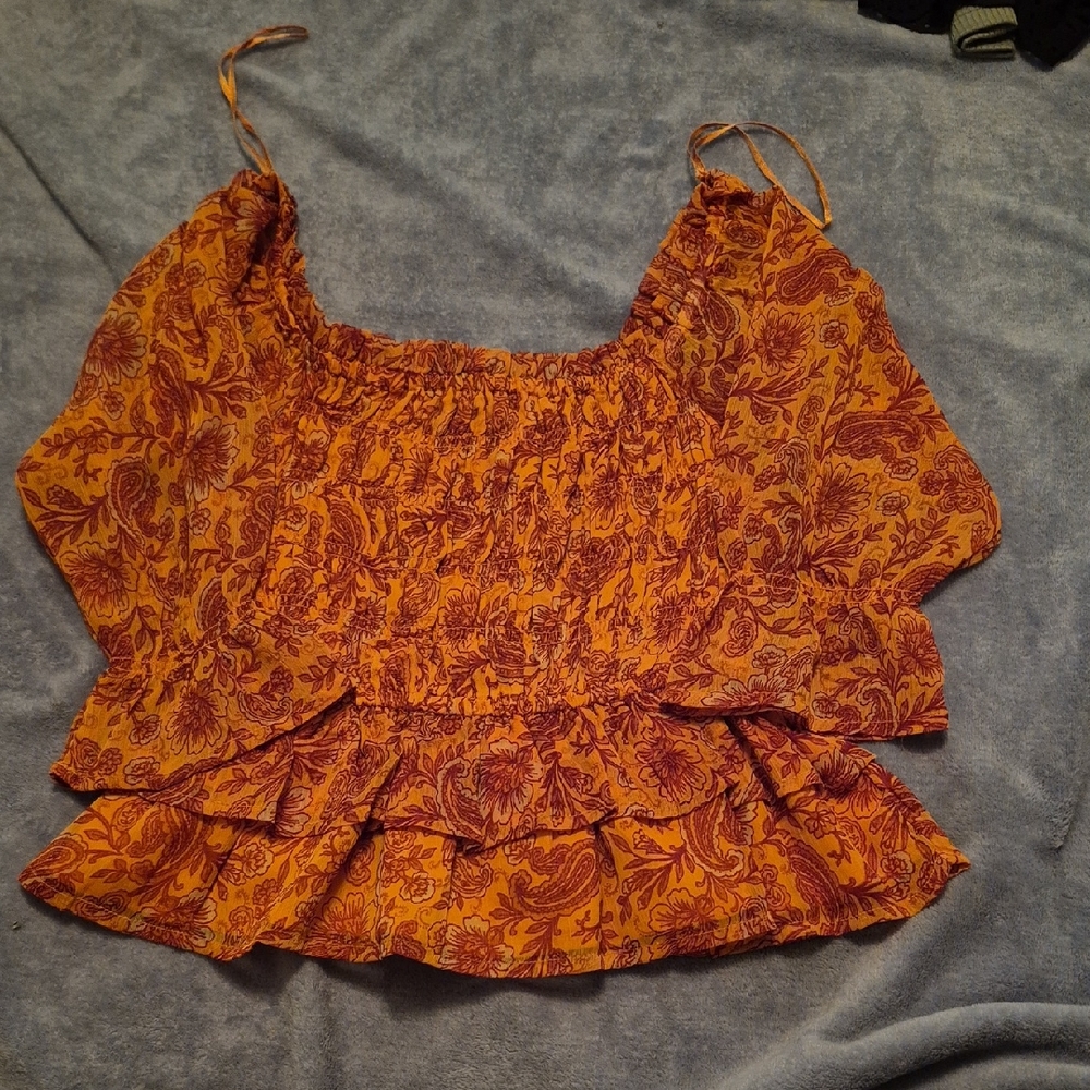 Patrons of Peace Orange Floral Smocked Ruffle Crop Size XS